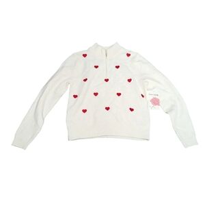 New CHERIE COLLETTE Heart Valentines Half-Zip Ivory Red Sweater (Women's Small)